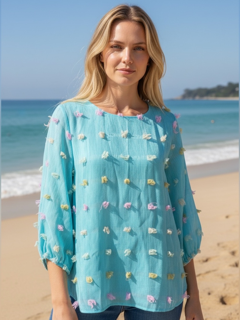 Jodifil Top Blouse XS S Swiss Dot Textured Turquoise Blue Lined EC‎